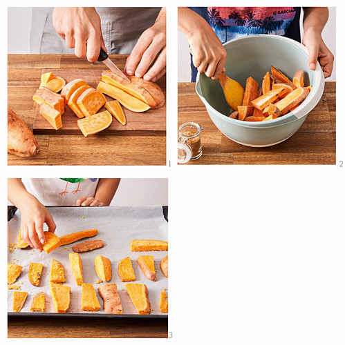 Preparing sweet potato wedges on a tray