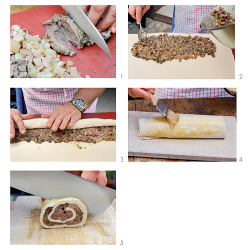 Prepare puff pastry snail with wild boar