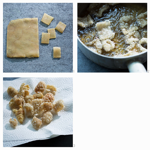 Pork rind being fried (puffed)