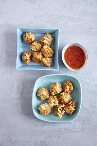 Vegetarian wontons with a vegetable filling and chilli sauce (Asia)