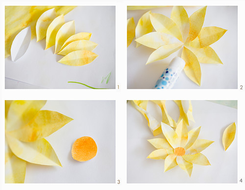 Instructions for making flowers from yellow-painted paper