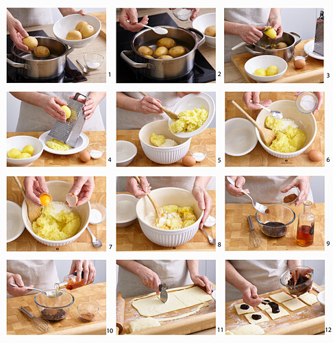 Making potato ravioli with plum jam filling and plum sauce