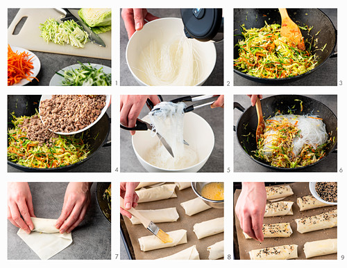 Oven-baked spring rolls being made