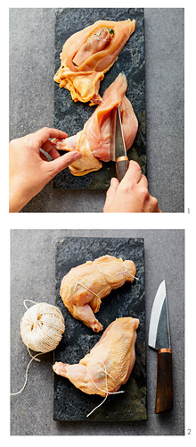 Stuffed chicken breast tied with kitchen twine