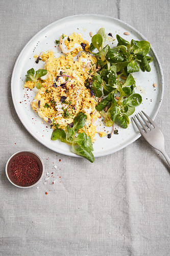 Vegan cauliflower and almond 'scrambled eggs' with green salad