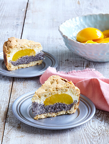 Mohn-Käse-Kuchen mit Pfirsich