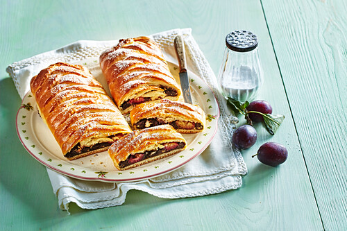 Braided poppy seed and plum strudel