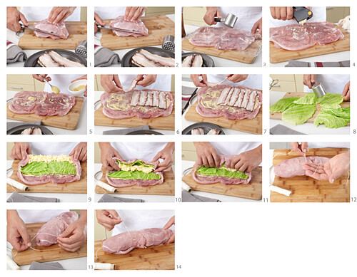 Preparing pork roll with cabbage filling