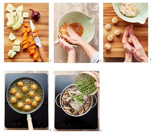 Reisnudel-Bowl mit Gemüsebällchen, Erbsen und Shiitake zubereiten