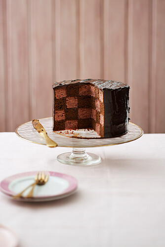 Chocolate, raspberry and rose Battenberg gateau