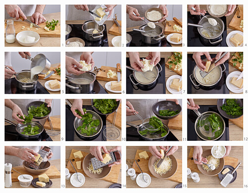 Käselasagne mit Spinat und getrocknetem Schinken zubereiten