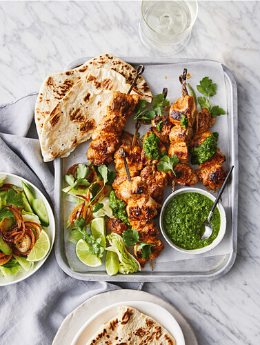 Tandoori chicken skewers with coriander chutney