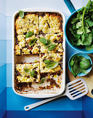 Sweet potato tray bake with mushroom, lentil and tomato ragu and ricotta