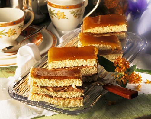 Viennese Dobos slices with cream filling & caramel icing