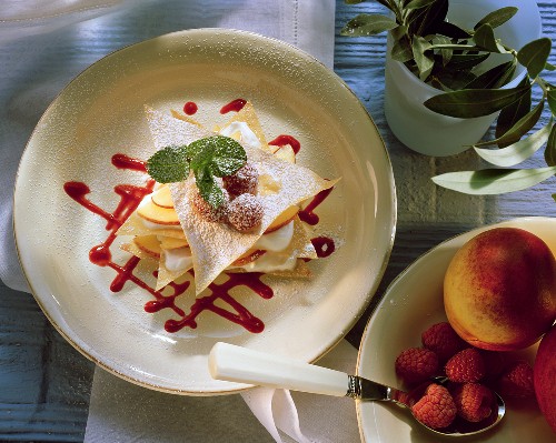 Lasagne with nectarine yoghurt mousse and raspberries
