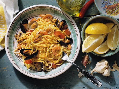 Thin ribbon noodles with seafood