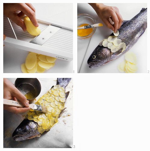 Preparing salmon trout with potato crust