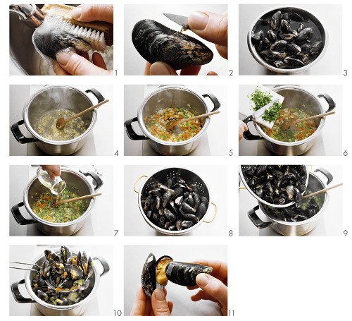 Preparing mussels in white wine stock