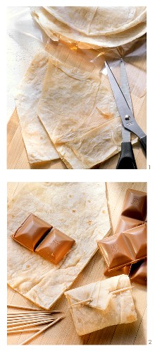 Making love letters from tortillas with chocolate filling