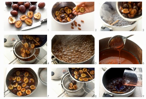 Making rum plums with lemon ice cream and caramel sauce
