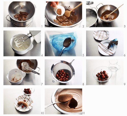 Making mocha chocolate mousse with cherries