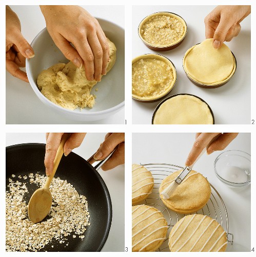 Making small apple pies with glace icing decoration
