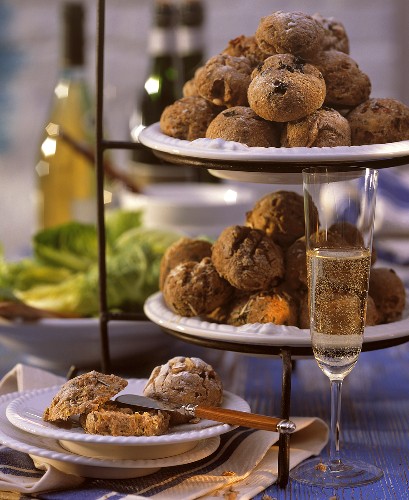 Party rolls on plate & tiered stand; champagne glass