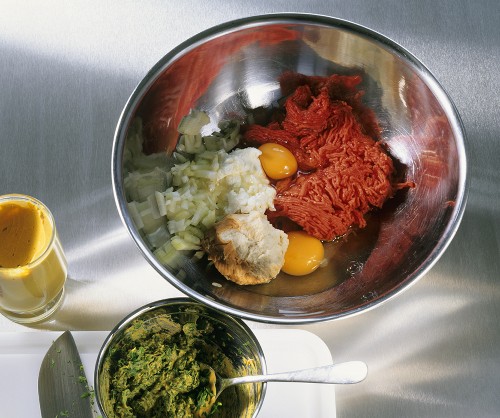 Making rissoles: ingredients in a bowl