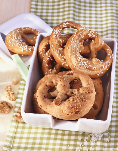 Bacon and walnut pretzels, salt pretzels