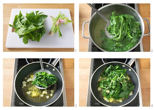 Preparing and cooking winter spinach with lemon oil