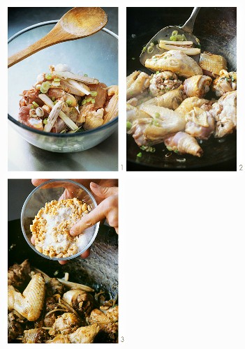 Preparing chicken with lemon grass and peanuts (Vietnam)