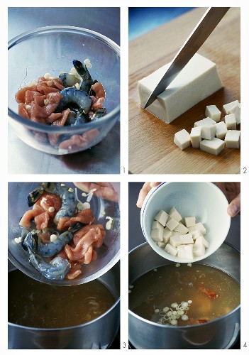 Making Vietnamese soup with tofu and shrimps