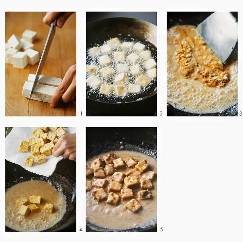 Making Indonesian tofu with peanut sauce
