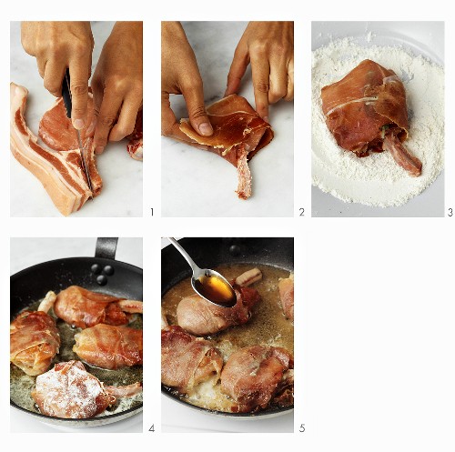 Preparing pork chops wrapped in bacon