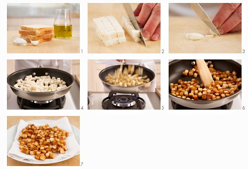 Croutons being made