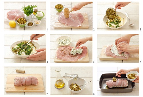 Making turkey roulade with herb cheese and pea stuffing