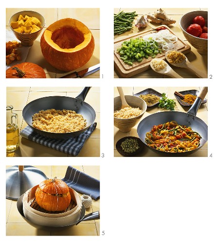 Preparing pumpkin with rice and vegetable stuffing