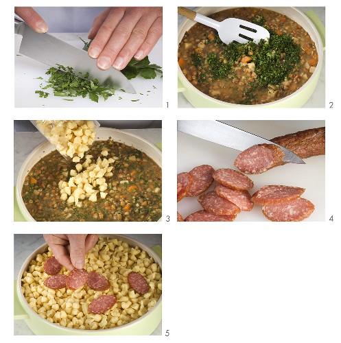 Making lentil stew with spaetzle (noodles) and salami