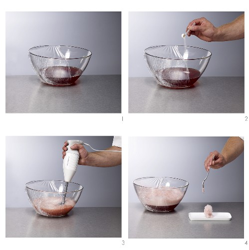 Cranberry foam being prepared (molecular gastronomy)