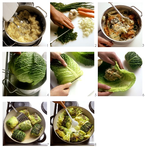 Preparing stuffed savoy cabbage leaves with potato stuffing