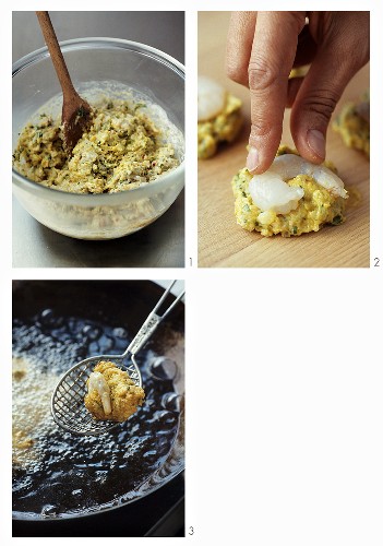 Making deep-fried prawn balls, Malaysia