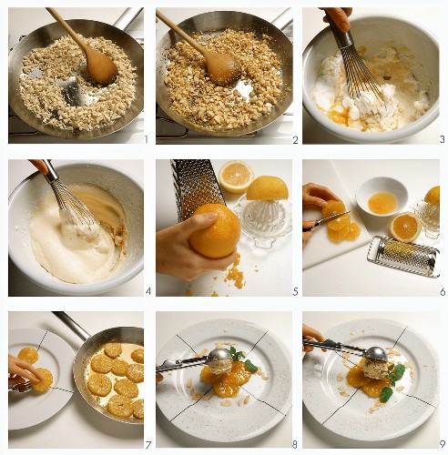Mandel-Krokant-Eis mit Orangen zubereiten