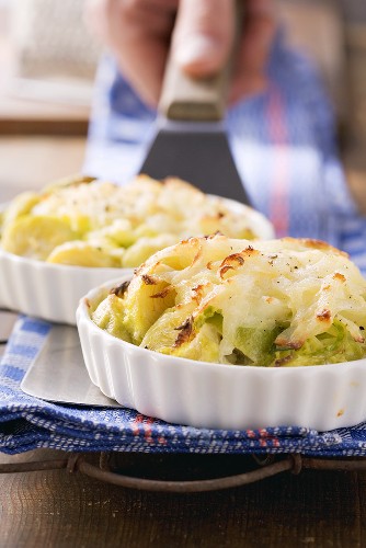 Brussels sprouts and savoy cabbage au gratin with potatoes