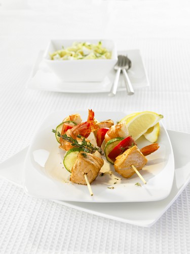 Salmon and prawn skewers