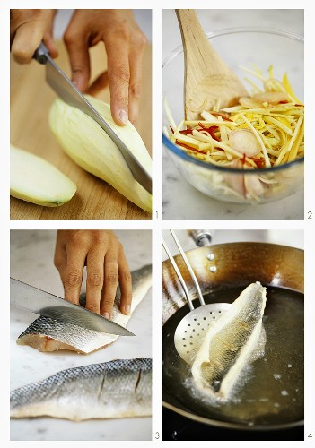 Preparing fried fish with mango salad (Thailand)