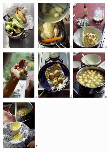 Chicken broth with vegetables, chicken and prawn dumplings being made