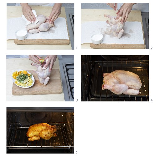 Preparing and cooking a chicken (stuffing with citrus fruit and roasting)