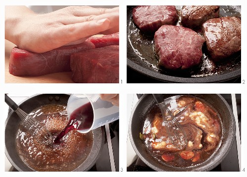 Beef fillet steak with red wine sauce being prepared