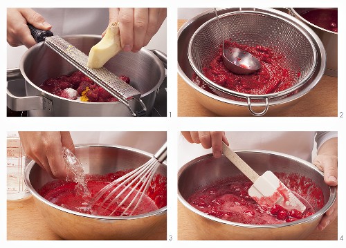 A raspberry layer for a cake being prepared