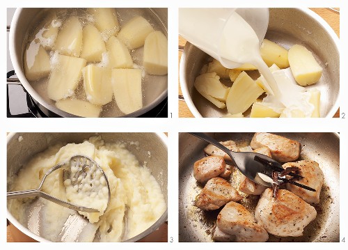 Mashed potatoes being prepared and chicken breast being fried
